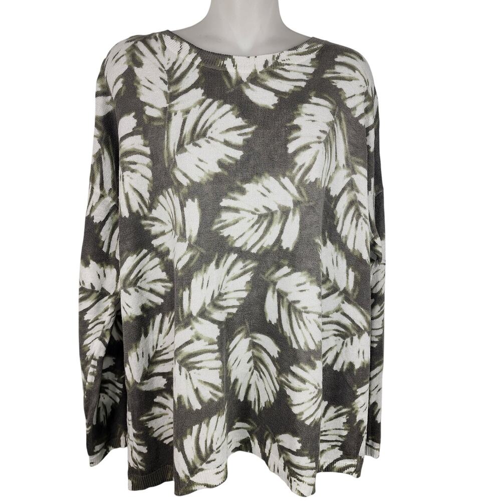 J Jill Women Sweater Green Linen Blend Palm Leaf Print Boxy Coastal Large Beachy